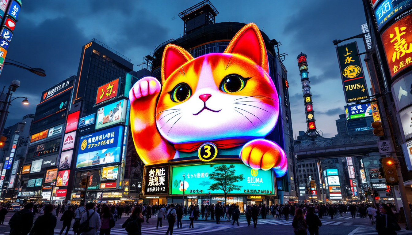 A photograph of capture a photograph of the vibrant 3d cat billboard in shinjuku