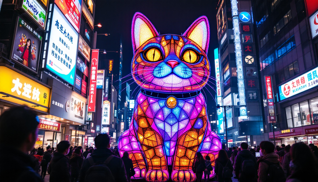 A photograph of capture a photograph of the vibrant 3d cat led display in shinjuku