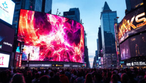 A photograph of capture a photograph of the world's largest led screen in a vibrant urban setting