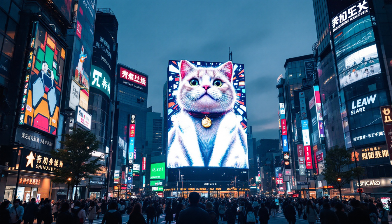 A photograph of the vibrant led display of the cat billboard in shinjuku
