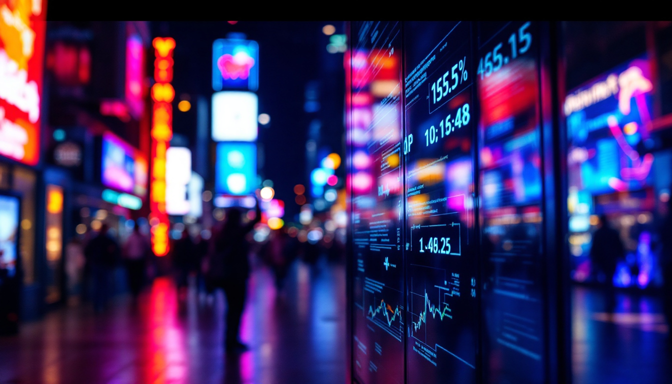 A photograph of capture a photograph of a vibrant led display showcasing dynamic visuals or information in a bustling urban setting