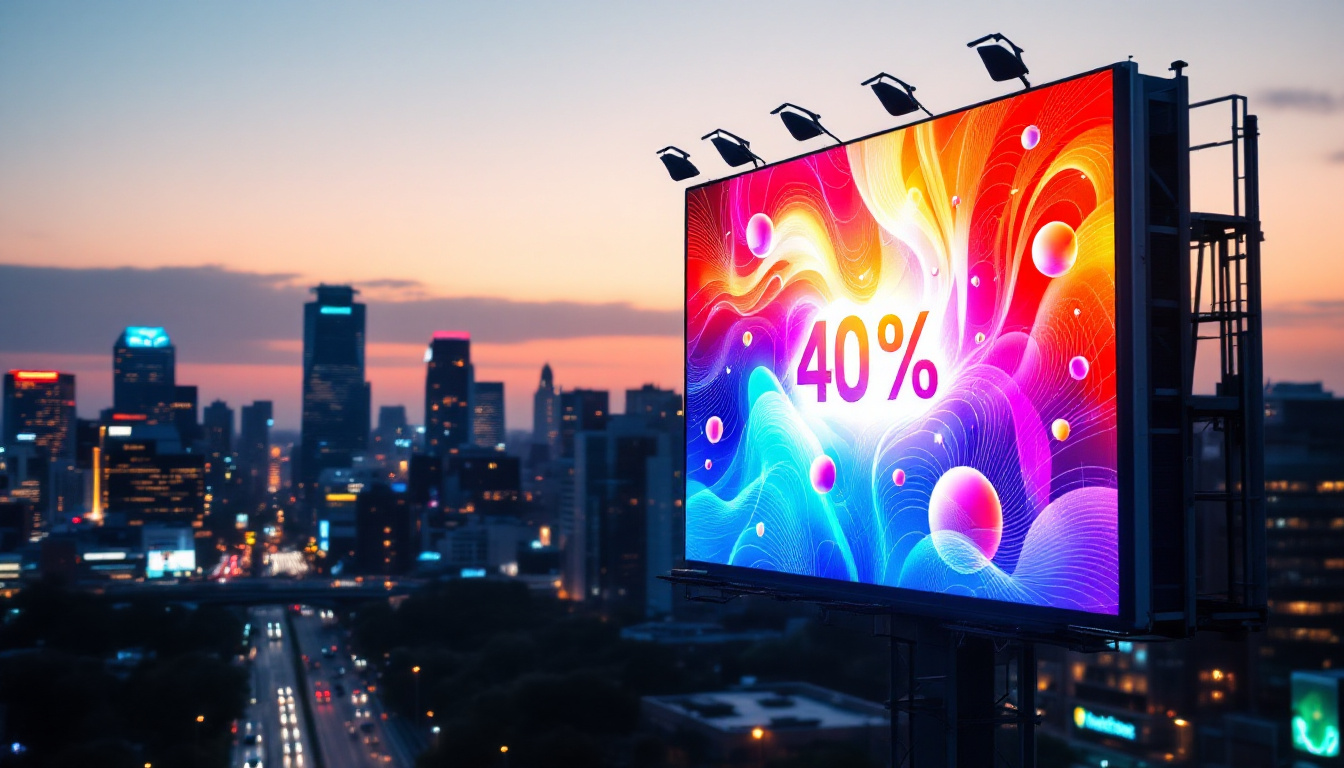 A photograph of a vibrant led billboard displaying an eye-catching advertisement at dusk