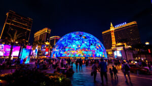A photograph of capture a photograph of a vibrant vegas led dome at night
