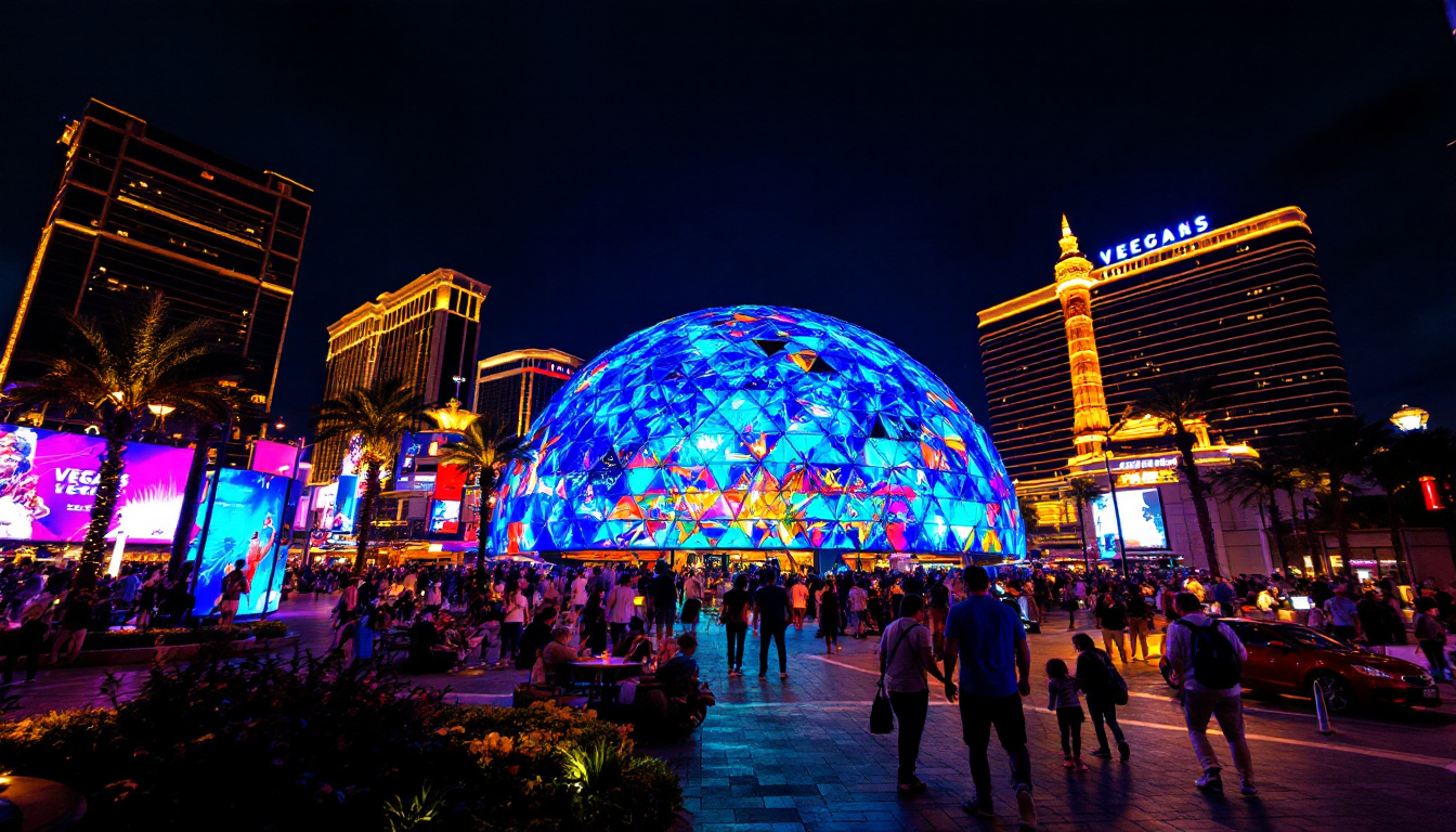 A photograph of capture a photograph of a vibrant vegas led dome at night
