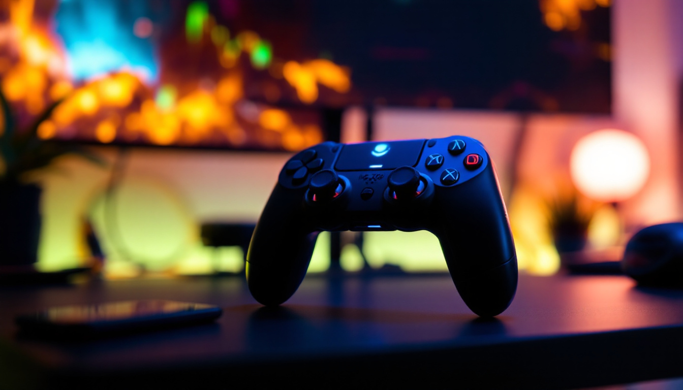 A photograph of the mc100 game controller prominently displayed on a gaming setup