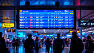 A photograph of a vibrant led flight information display board at an airport