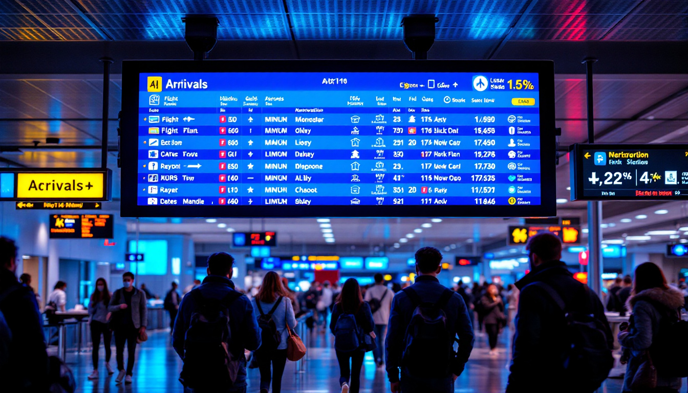 A photograph of a vibrant led flight information display board at an airport