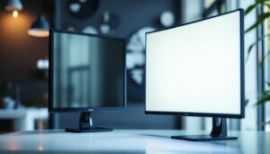 A photograph of a side-by-side comparison of an lcd screen and an led display