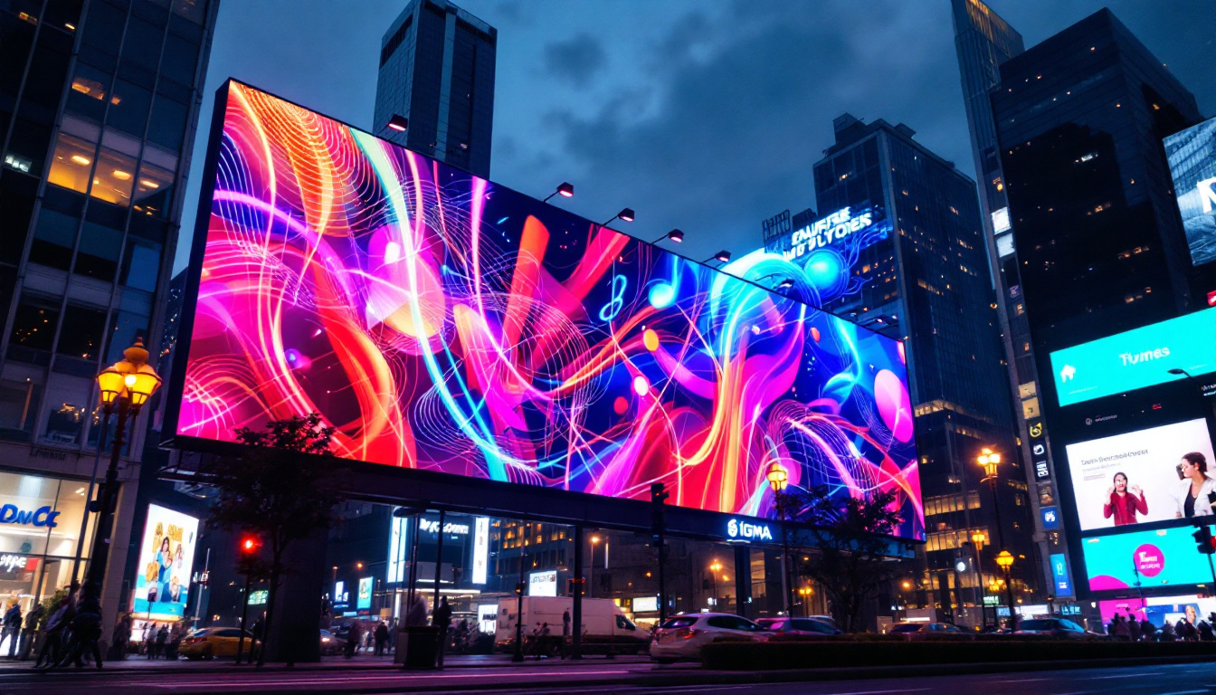 A photograph of a vibrant urban scene featuring a large led billboard displaying dynamic