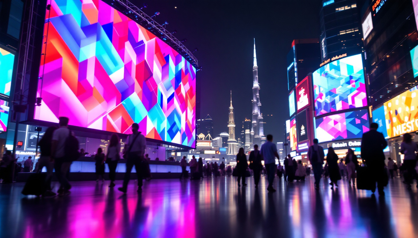 A photograph of a vibrant led display in a bustling dubai setting