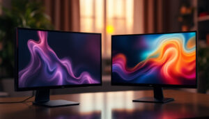 A photograph of a side-by-side comparison of an lcd display and an led display