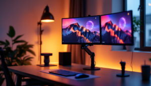 A photograph of capture a photograph of a sleek triple monitor arm mount setup