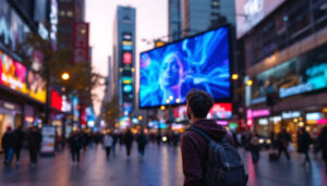 A photograph of capture a photograph of a vibrant led display in a bustling urban environment