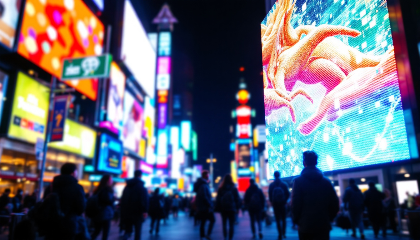 A photograph of a vibrant led display in a bustling urban setting