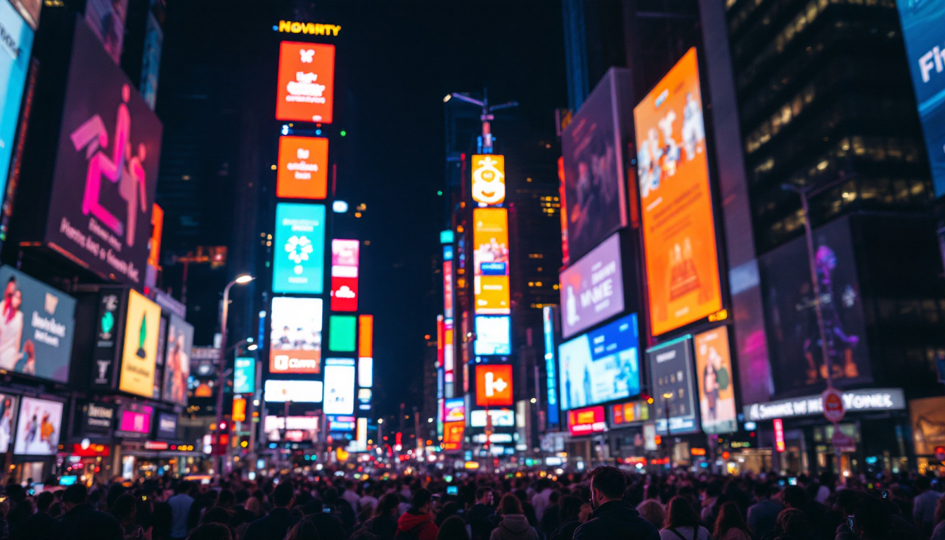 A photograph of the vibrant led displays of times square at night