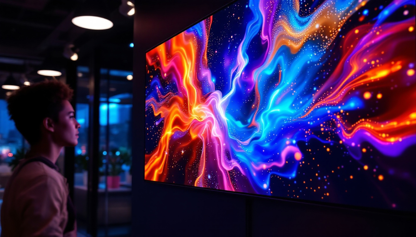 A photograph of a vibrant fabric led screen displaying dynamic visuals in a modern setting