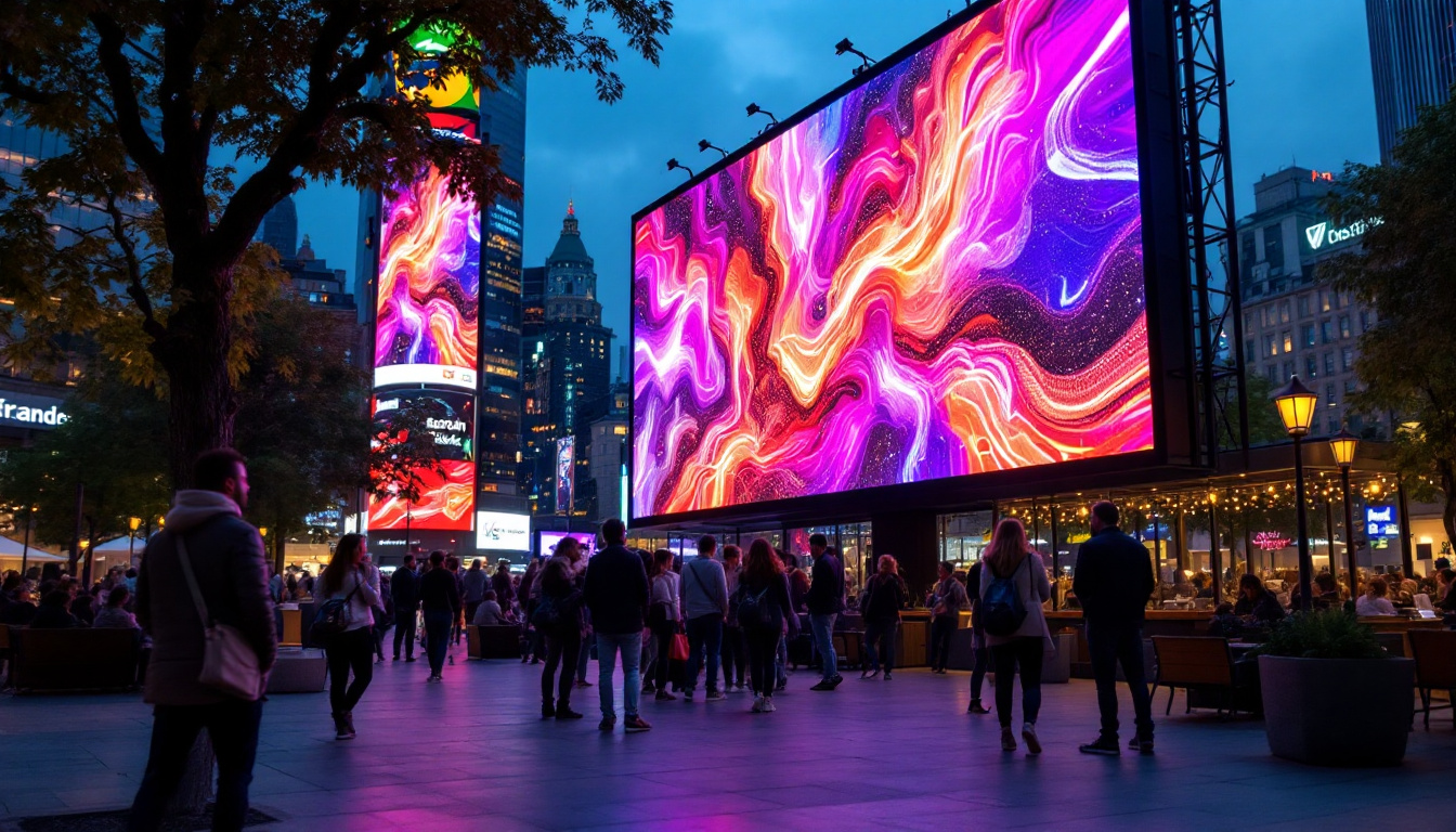 A photograph of a vibrant outdoor scene featuring a large led screen displaying dynamic content