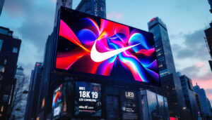 A photograph of capture a photograph of a vibrant nike led billboard in an urban setting