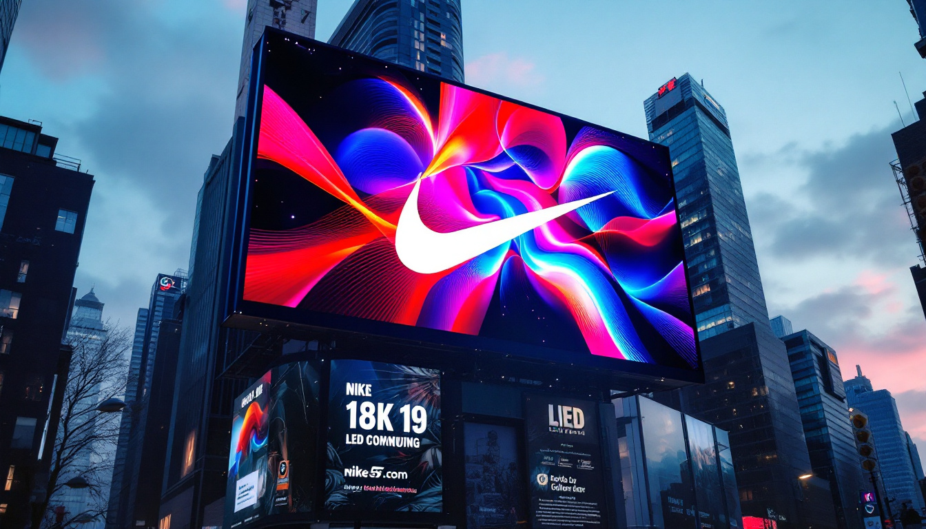 A photograph of capture a photograph of a vibrant nike led billboard in an urban setting