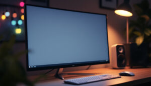 A photograph of a sleek led monitor with a privacy screen in a modern workspace setting
