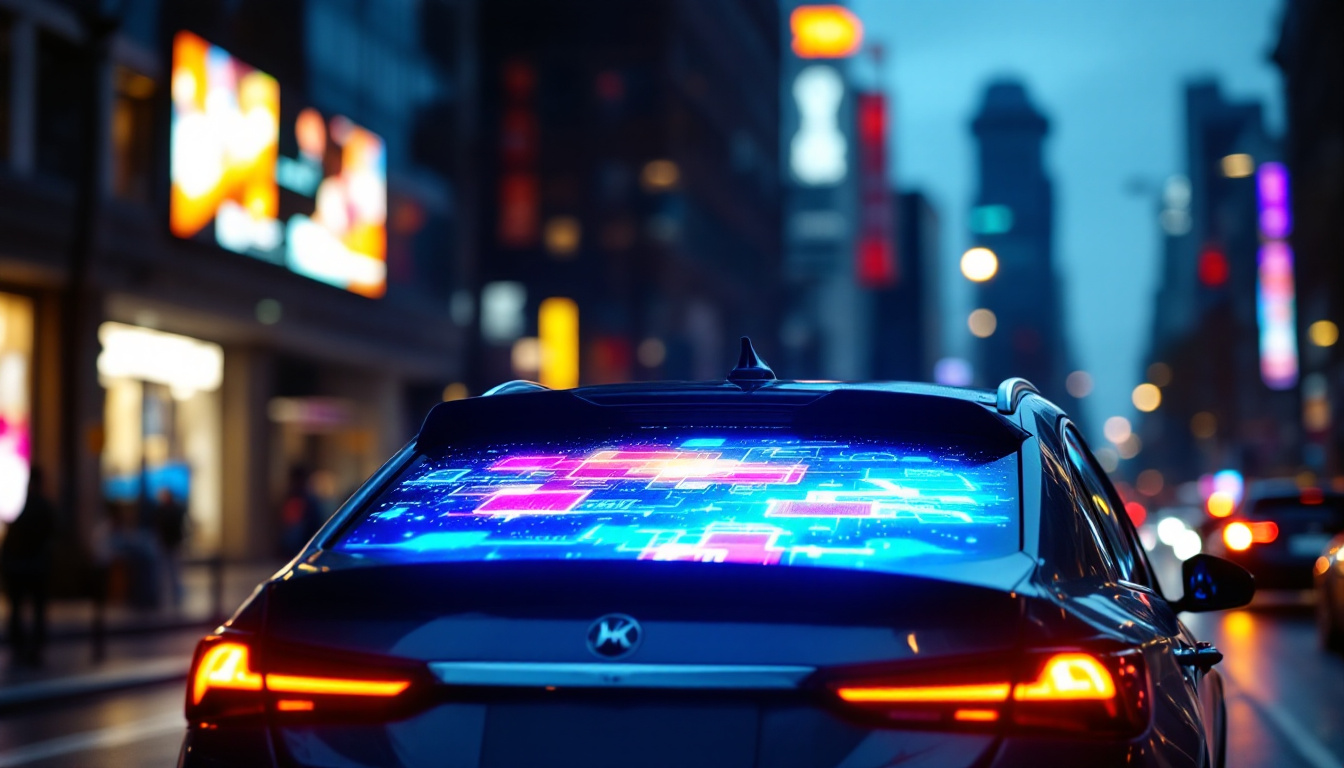 A photograph of a vibrant led display mounted on the back window of a car