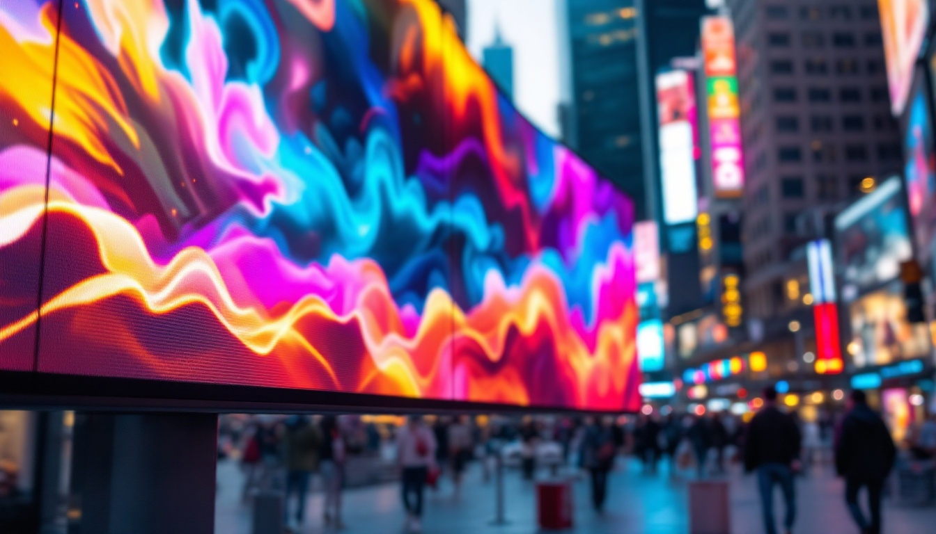 A photograph of a vibrant led screen displaying dynamic visuals in a lively urban setting