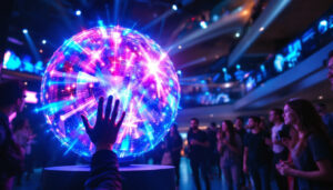A photograph of capture a photograph of a vibrant spherical led display in an engaging environment