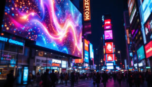 A photograph of a vibrant led display in a bustling urban setting