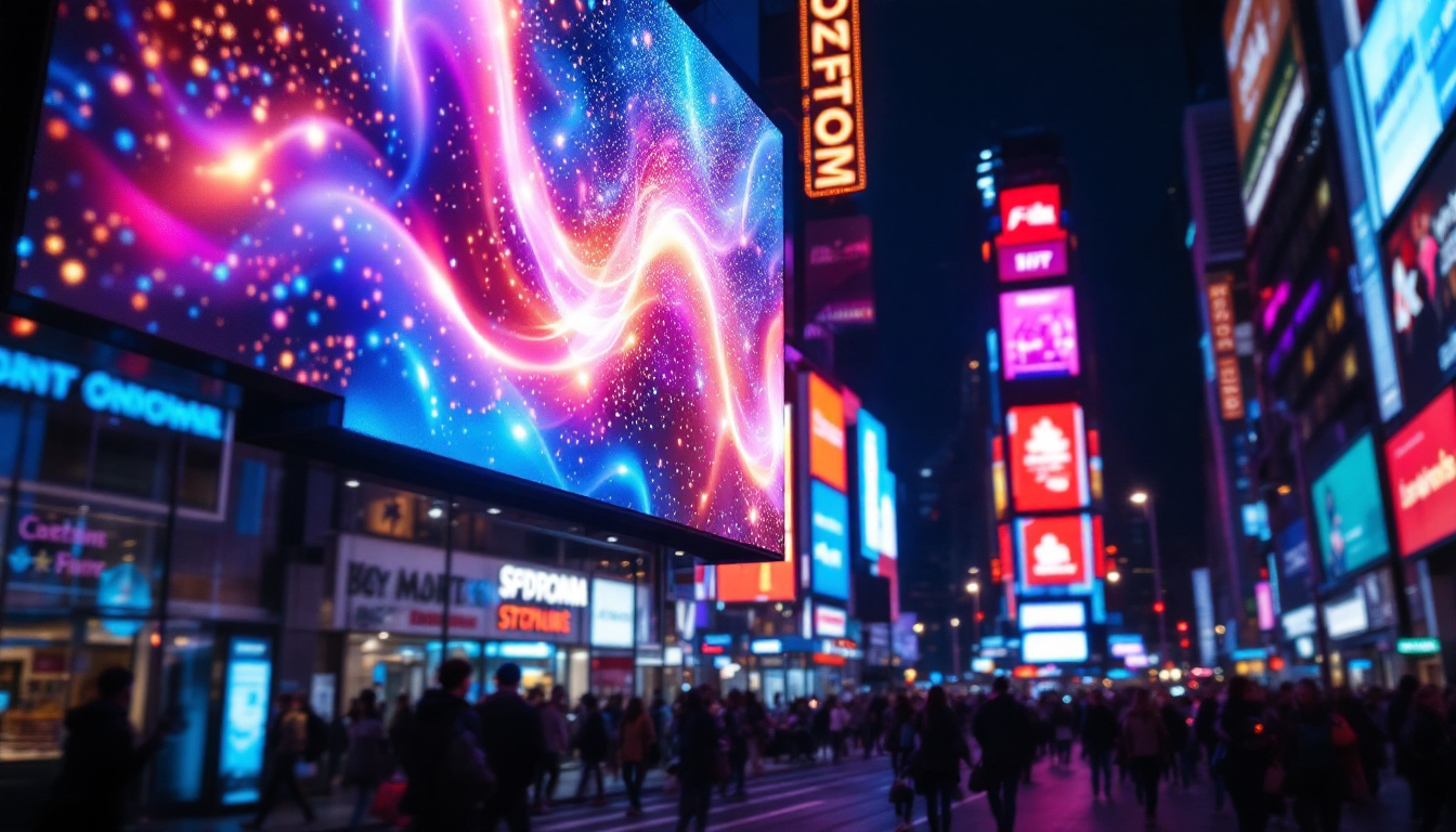 A photograph of a vibrant led display in a bustling urban setting