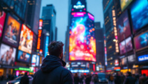 A photograph of a vibrant led display in a bustling urban environment