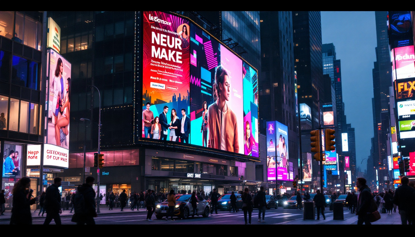A photograph of a vibrant nyc street scene featuring a prominent led billboard displaying dynamic advertisements