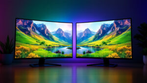 A photograph of a side-by-side comparison of an lcd and an led display