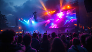 A photograph of a vibrant outdoor event featuring a large led display showcasing dynamic visuals
