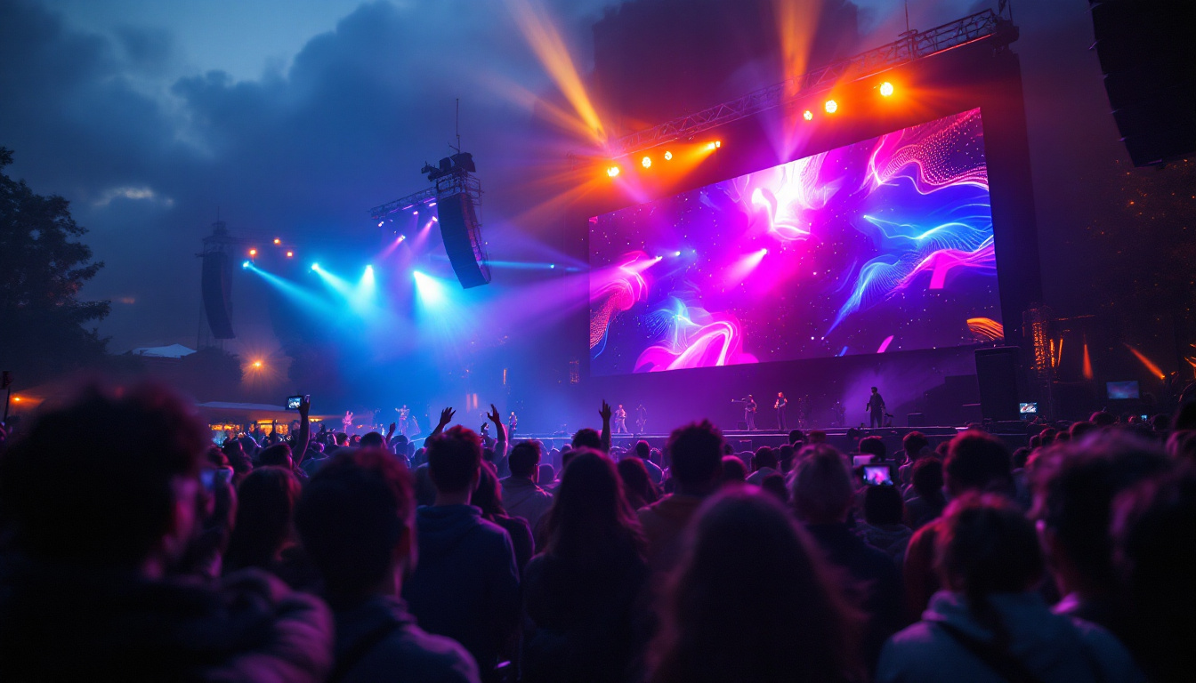 A photograph of a vibrant outdoor event featuring a large led display showcasing dynamic visuals