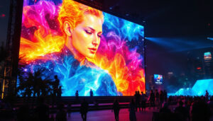A photograph of capture a photograph of a vibrant led screen in an outdoor event setting in dubai