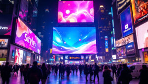 A photograph of a vibrant led display in a bustling urban setting