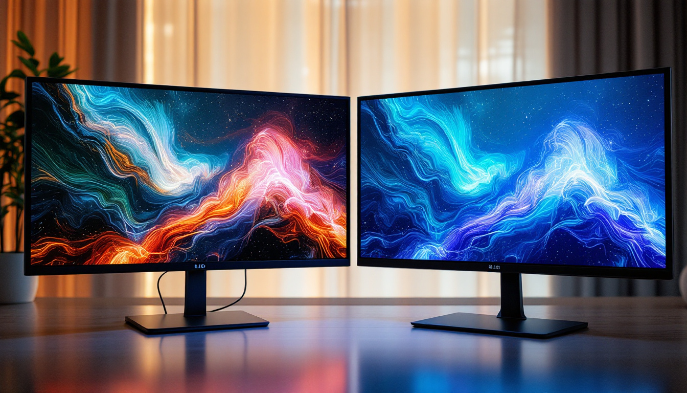 A photograph of a side-by-side comparison of an led display and an lcd screen