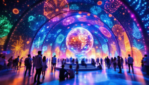 A photograph of capture a photograph of the interior vegas sphere showcasing its stunning led display