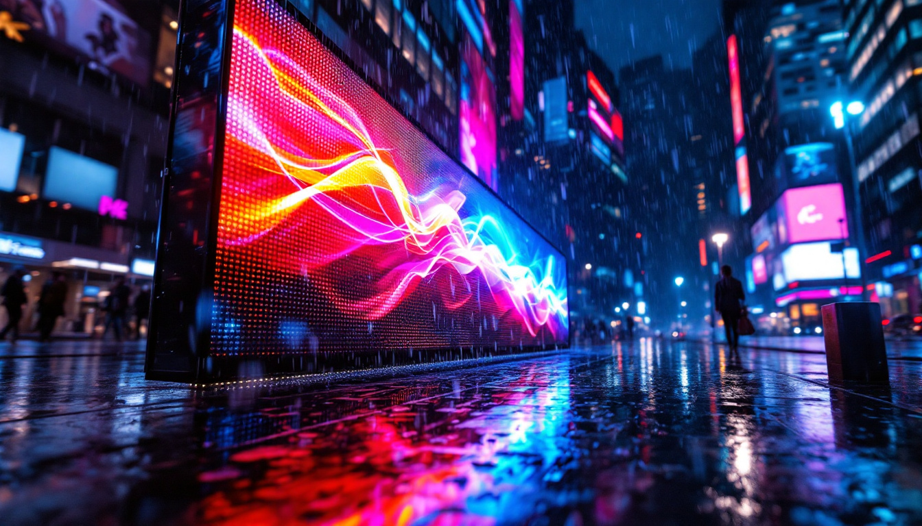 A photograph of a vibrant led display showcasing dynamic visuals in a rain-soaked urban environment