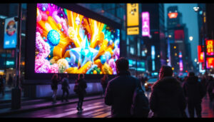 A photograph of a vibrant street scene featuring a large led display showcasing dynamic visuals