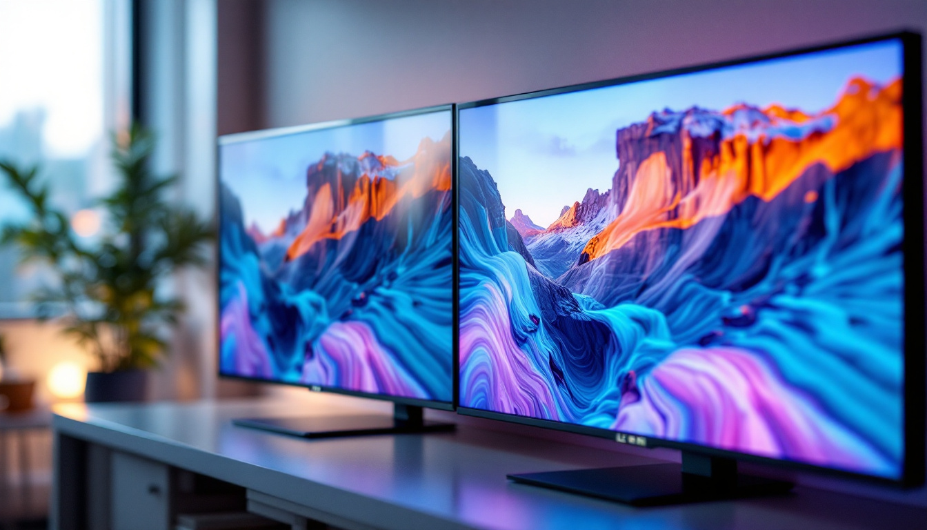 A photograph of a side-by-side comparison of an led display and an lcd screen
