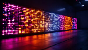 A photograph of a vibrant led display in a dimly lit environment