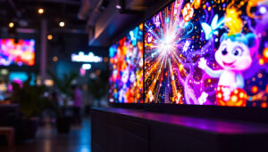 A photograph of capture a photograph of a vibrant led display in a rental setting
