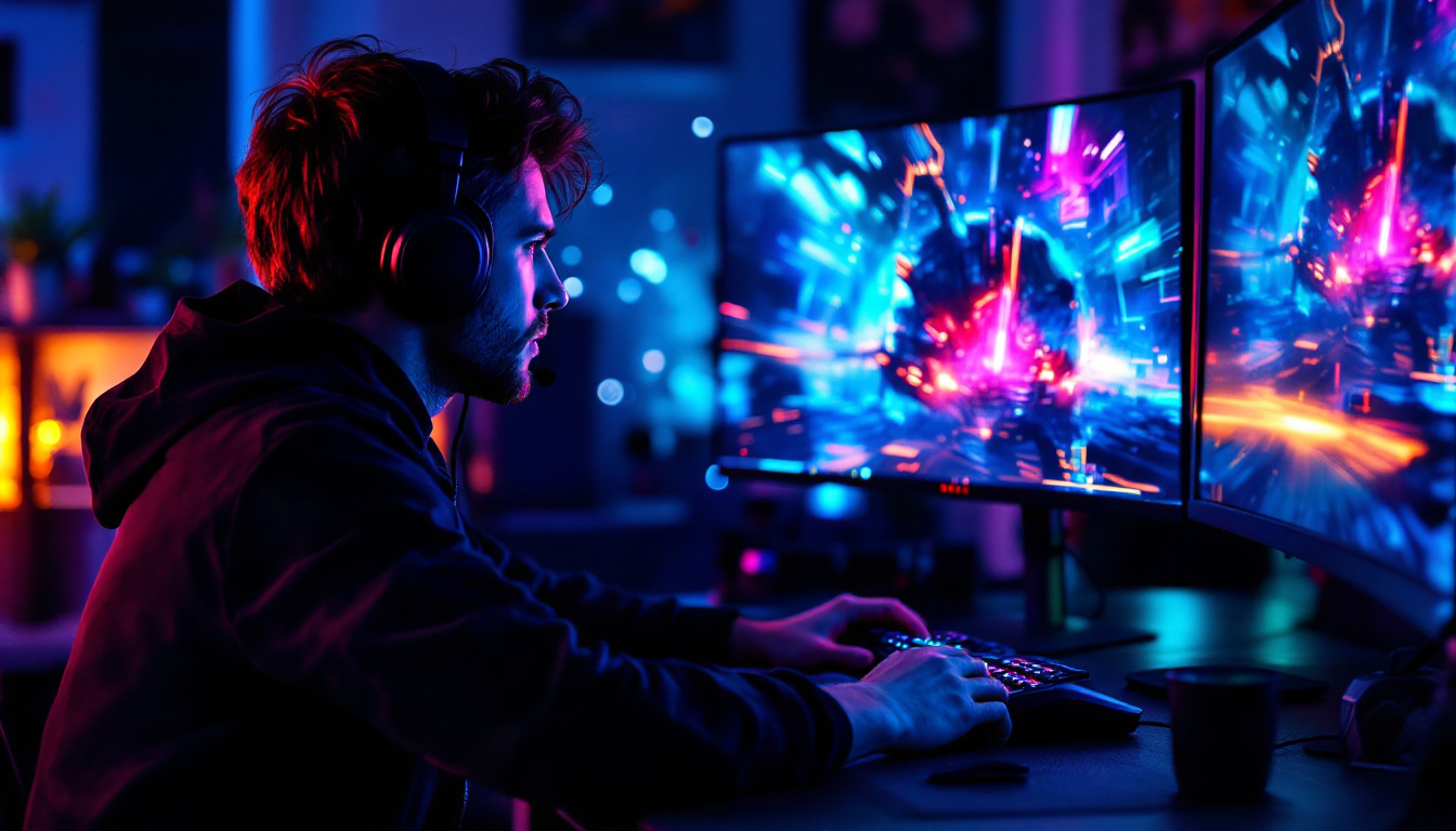A photograph of a gamer intensely focused on their setup