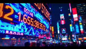 A photograph of a vibrant led digital ticker display in a bustling urban environment