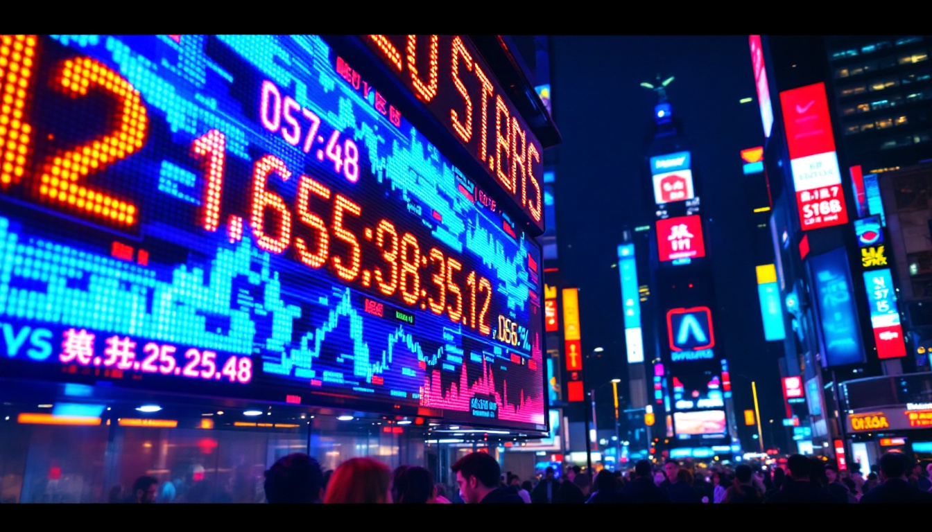 A photograph of a vibrant led digital ticker display in a bustling urban environment