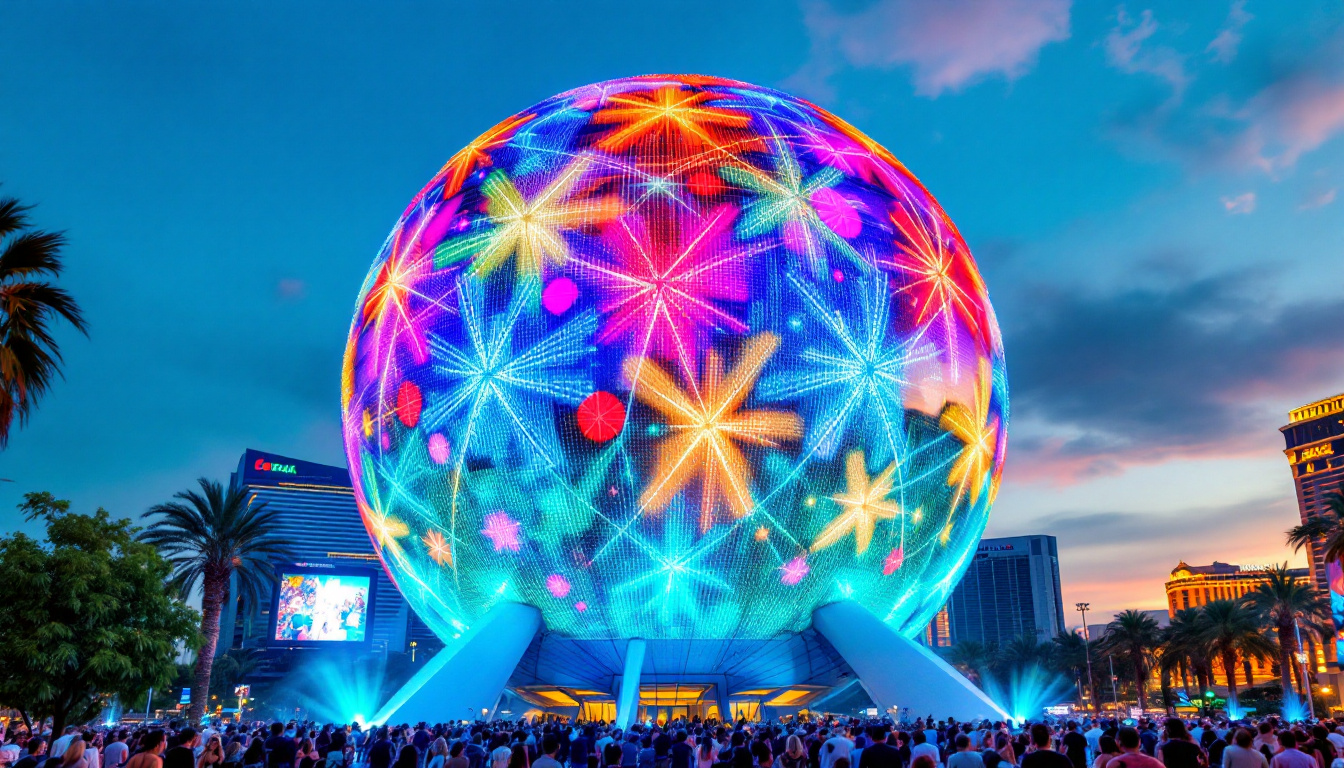 A photograph of the vibrant led display on the sphere in las vegas at dusk