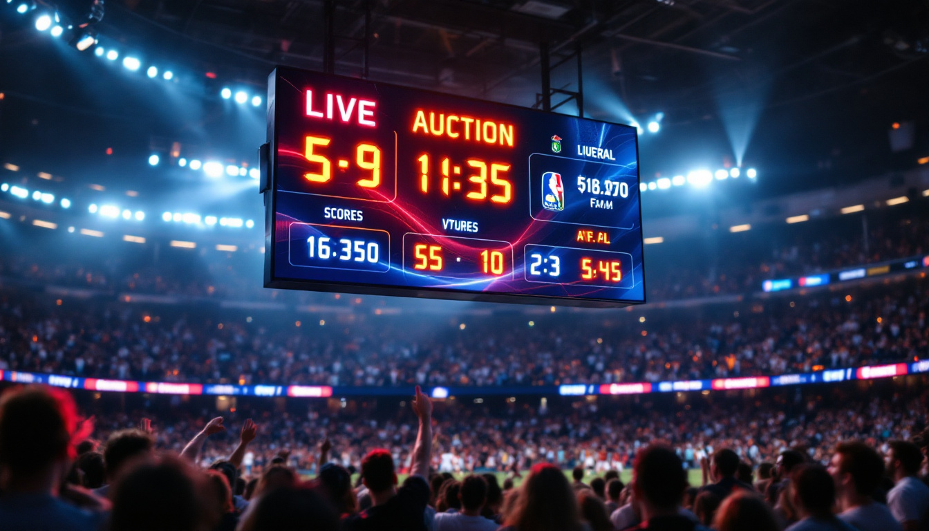 A photograph of a vibrant led scoreboard displaying live sports scores in action during a game