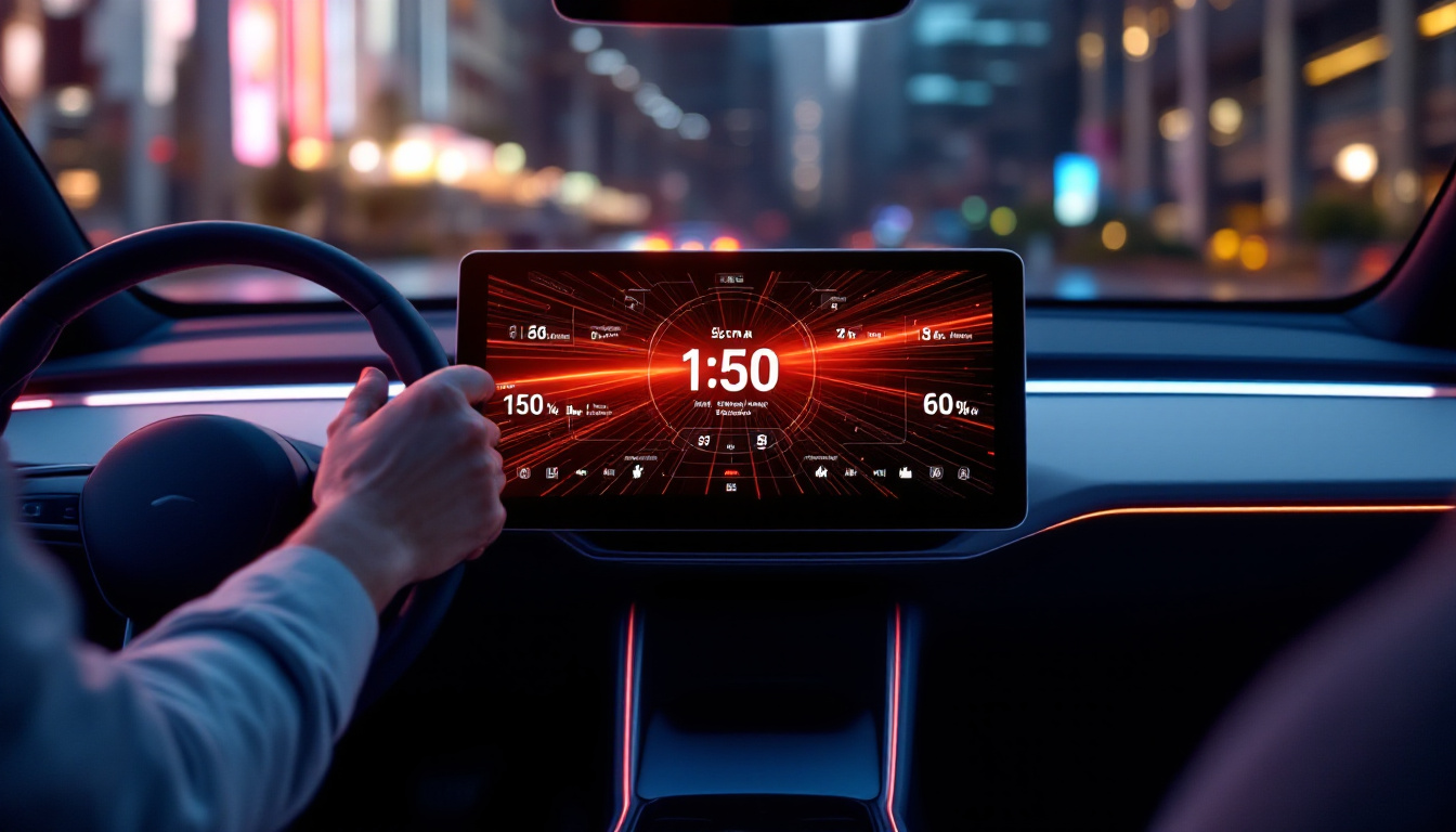 A photograph of a modern car interior featuring a vibrant led display screen