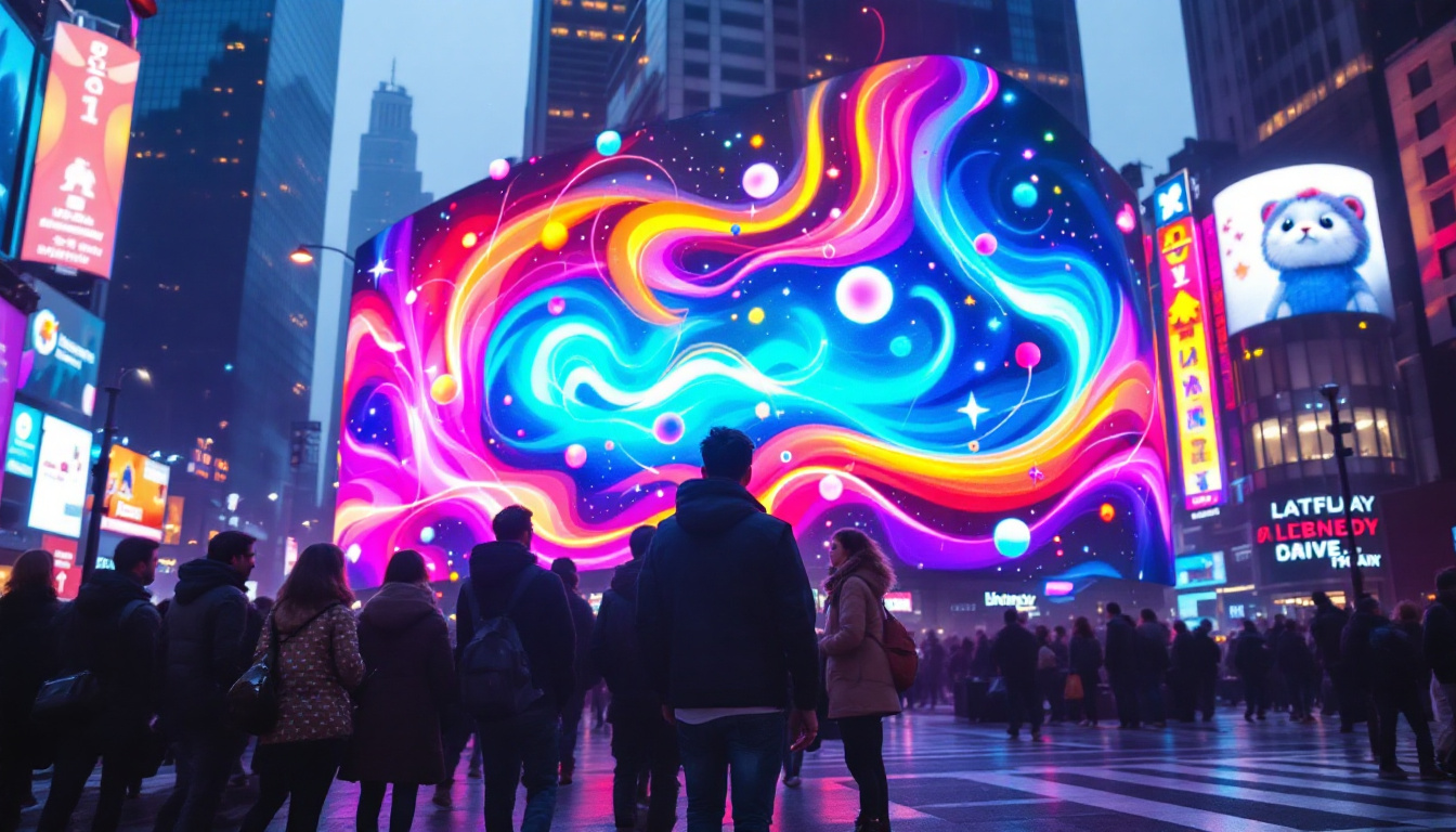 A photograph of a vibrant led display in a bustling urban environment
